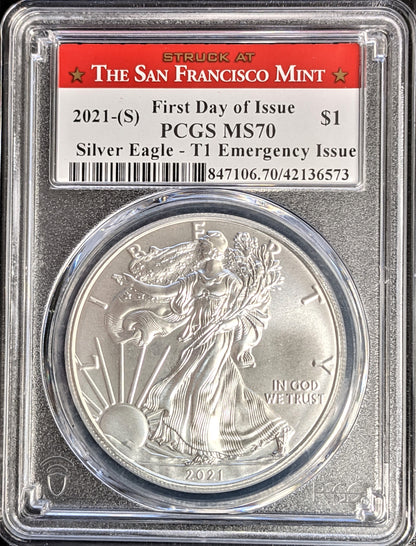 2021-(S) Silver Eagle T1 Emergency Issue PCGS MS70 First Day of Issue Small Spotting - CoinsTV