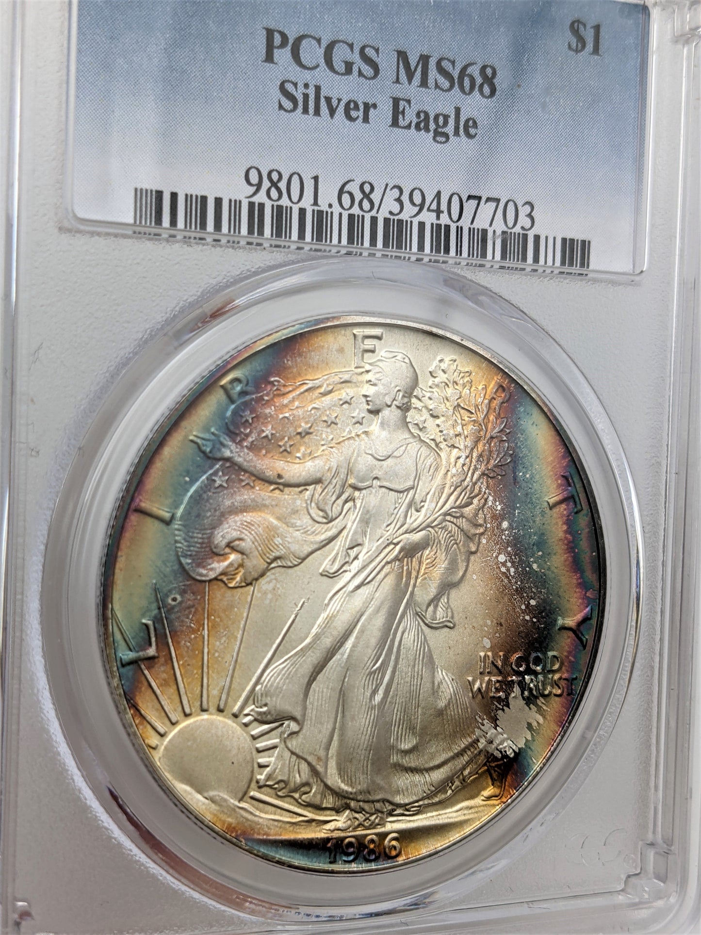 1986 Silver Eagle -Toning - PCGS MS68