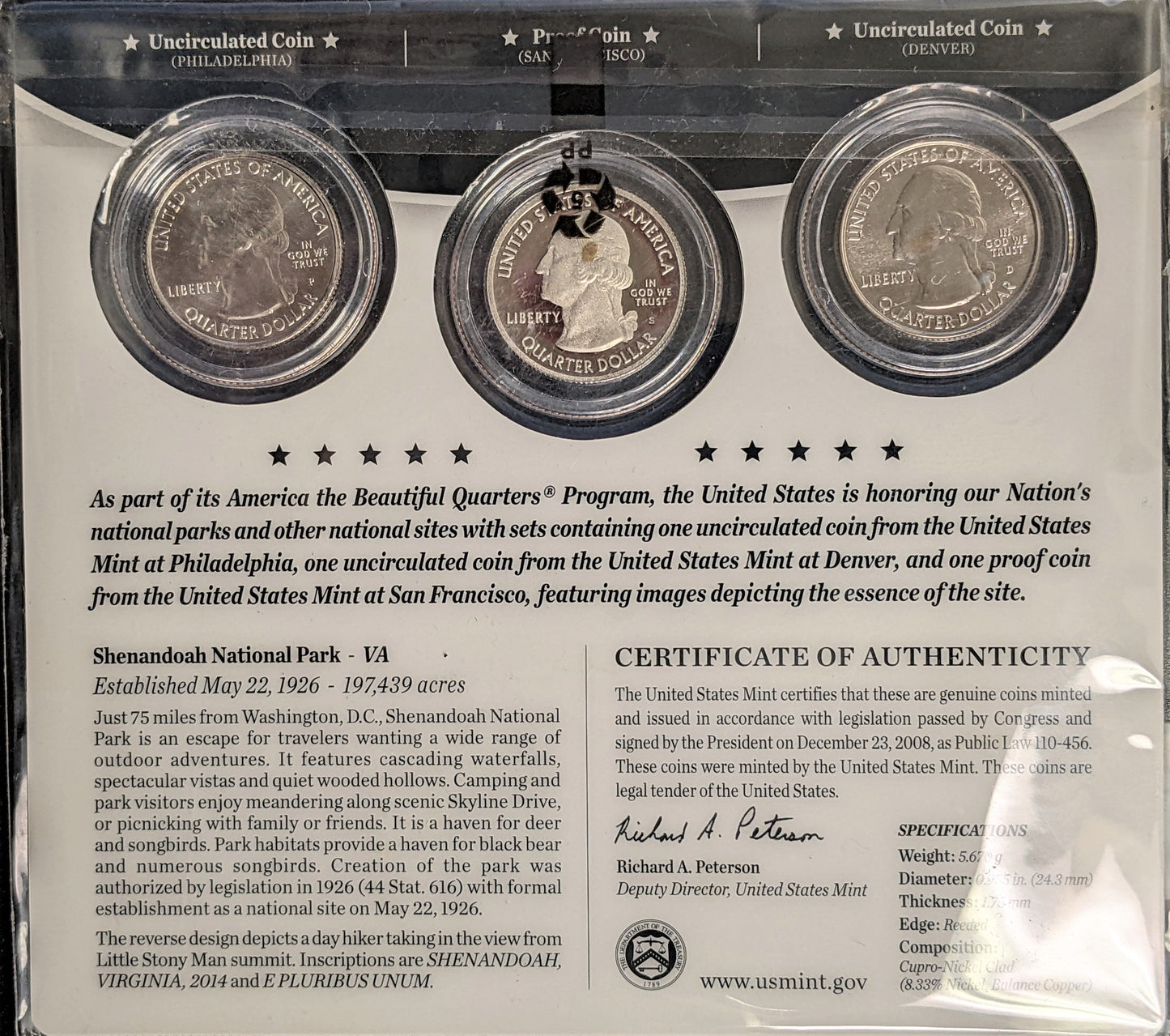 America The Beautiful Quarters - National Park Shenandoah - Three Coin Set