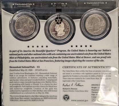 America The Beautiful Quarters - National Park Shenandoah - Three Coin Set