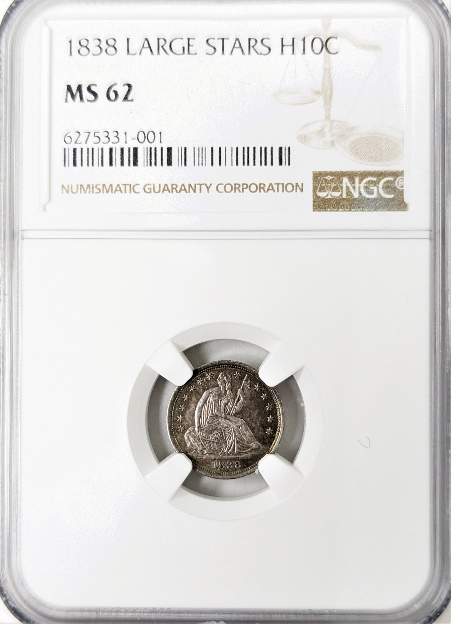 1838 Seated Liberty Half Dime - Large Stars - NGC MS62