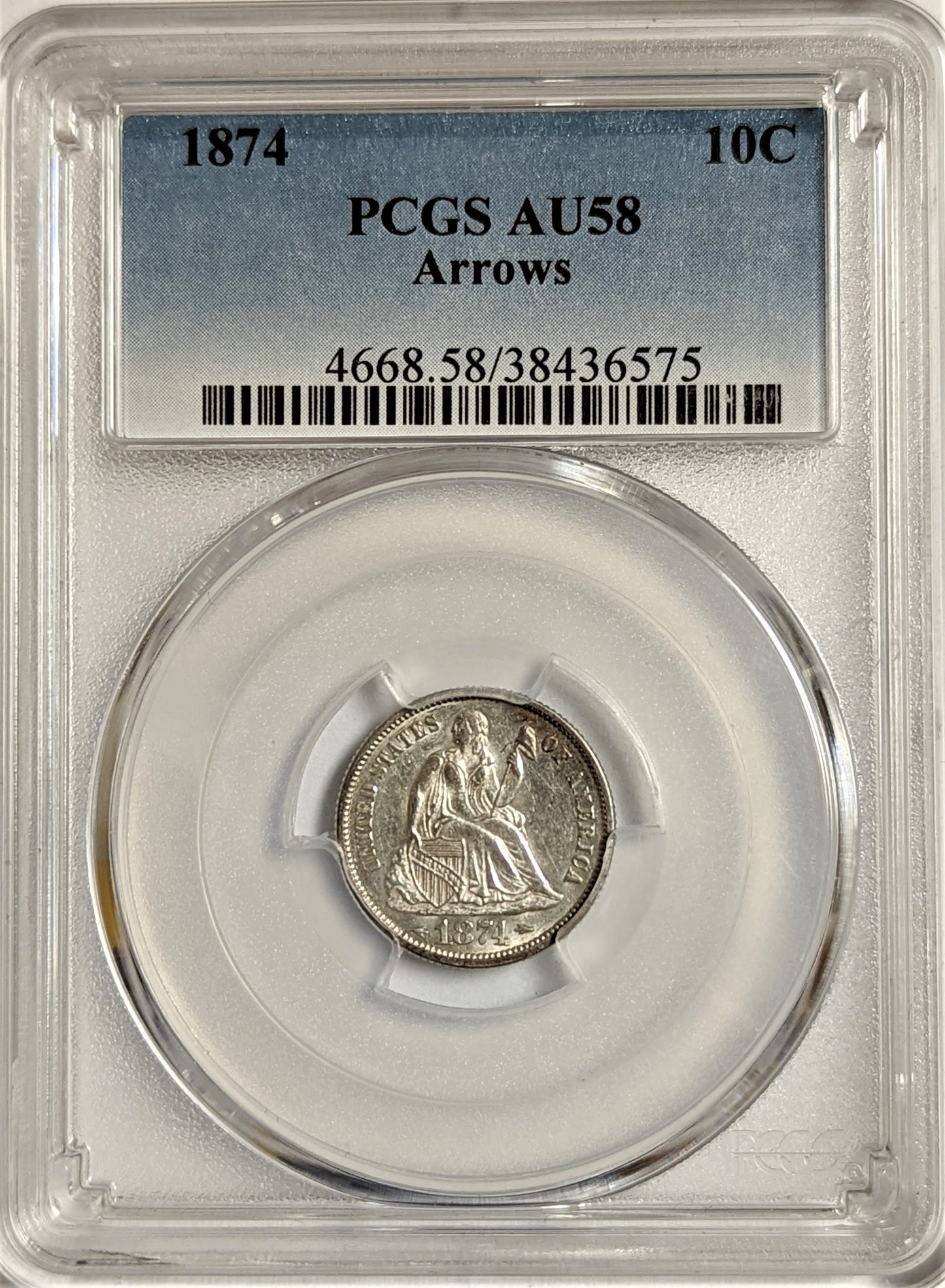 1874 Seated Liberty Dime Arrows PCGS AU58 Philadelphia
