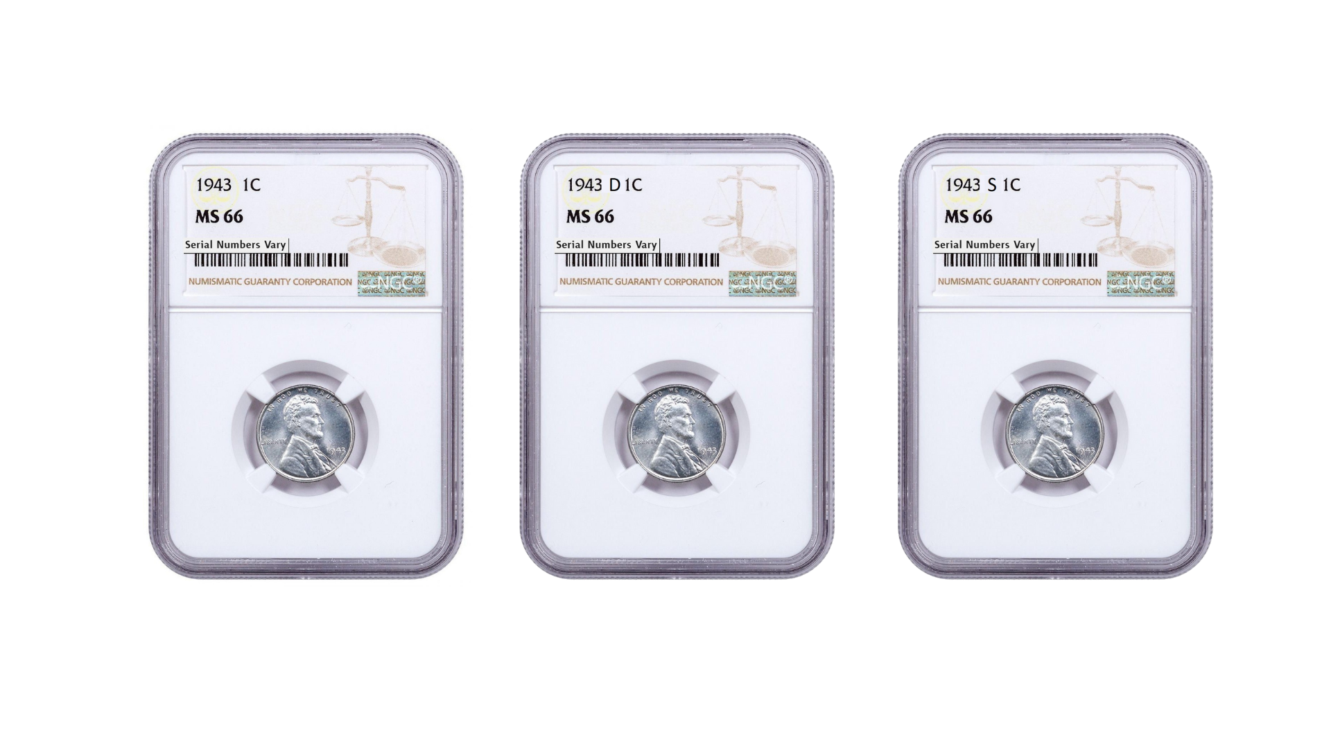 1943 Lincoln Steel Cent P/D/S 3 pc Set- NGC MS66 - CoinsTV