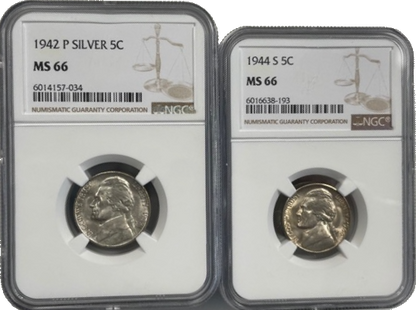 1942 - 1945 11 Coin War Nickel Set NGC MS66