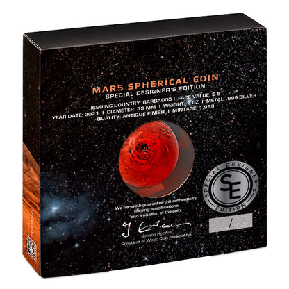 2021 Barbados Mars Spherical 1 Oz Silver - Icon Mint - Designers Special Edition