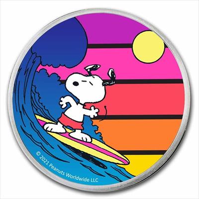 2021 Peanuts Sunset Surfing Snoopy - 1oz .999 Sliver Color Round