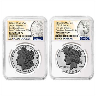 2023-S Reverse Proof Morgan and Peace Silver Dollar - 2pc Set - NGC PF70 First Day of Issue