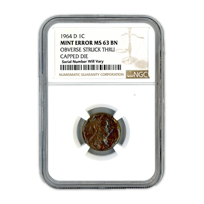 1964 D Lincoln Cent Obverse Struck Thru Capped Die - Mint Error NGC MS63 BN