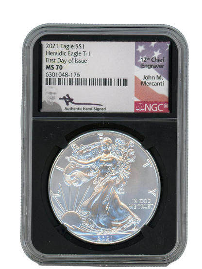 2021 Silver Eagle Type 1 - NGC MS70 FDI First Day of Issue - Mercanti Label Black Core