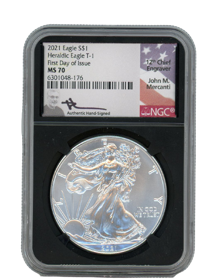 2021 Silver Eagle Type 1 - NGC MS70 FDI First Day of Issue - Mercanti Label Black Core