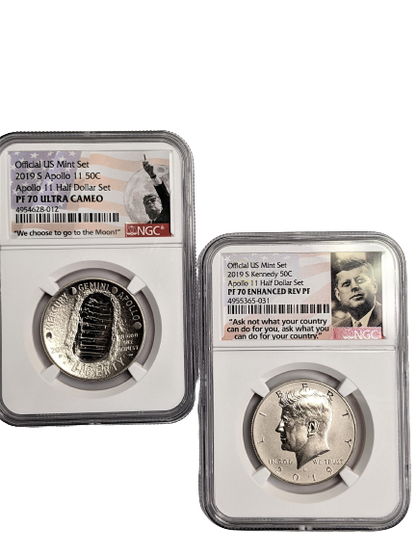 2019 S Apollo 11 50th Anniversary Kennedy Half Dollar 2 pc Set - NGC PF70 UC & Enhanced Rev Proof